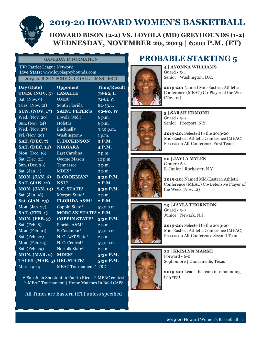 Howard Women’S Basketball Howard Bison (2-2) Vs