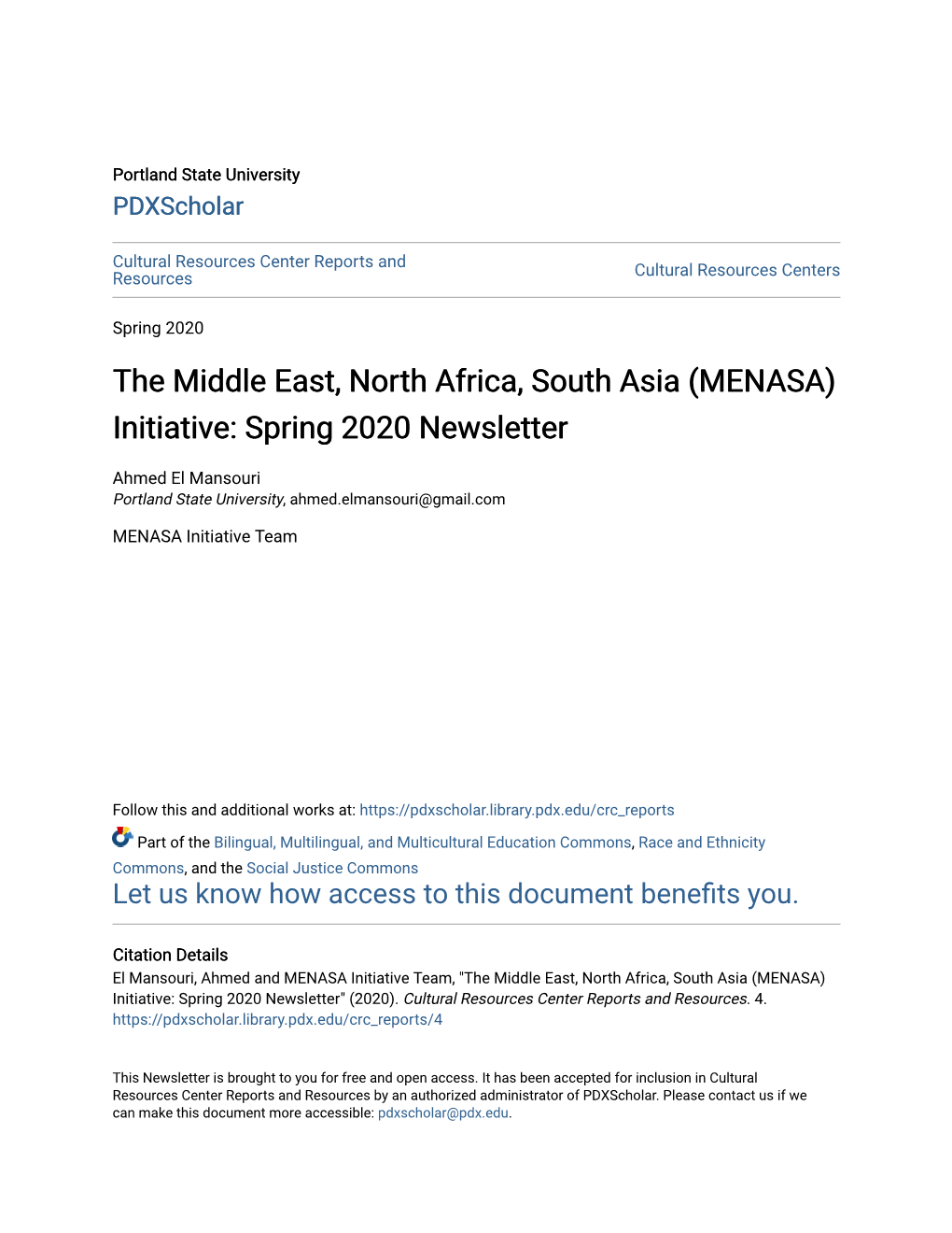 (MENASA) Initiative: Spring 2020 Newsletter