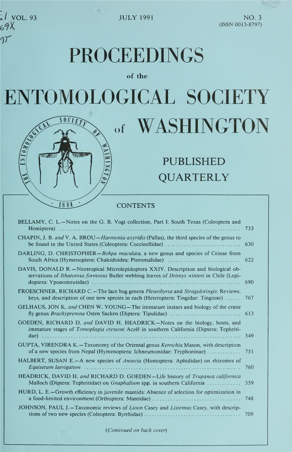 Proceedings of the Entomological Society of Washington for One Year
