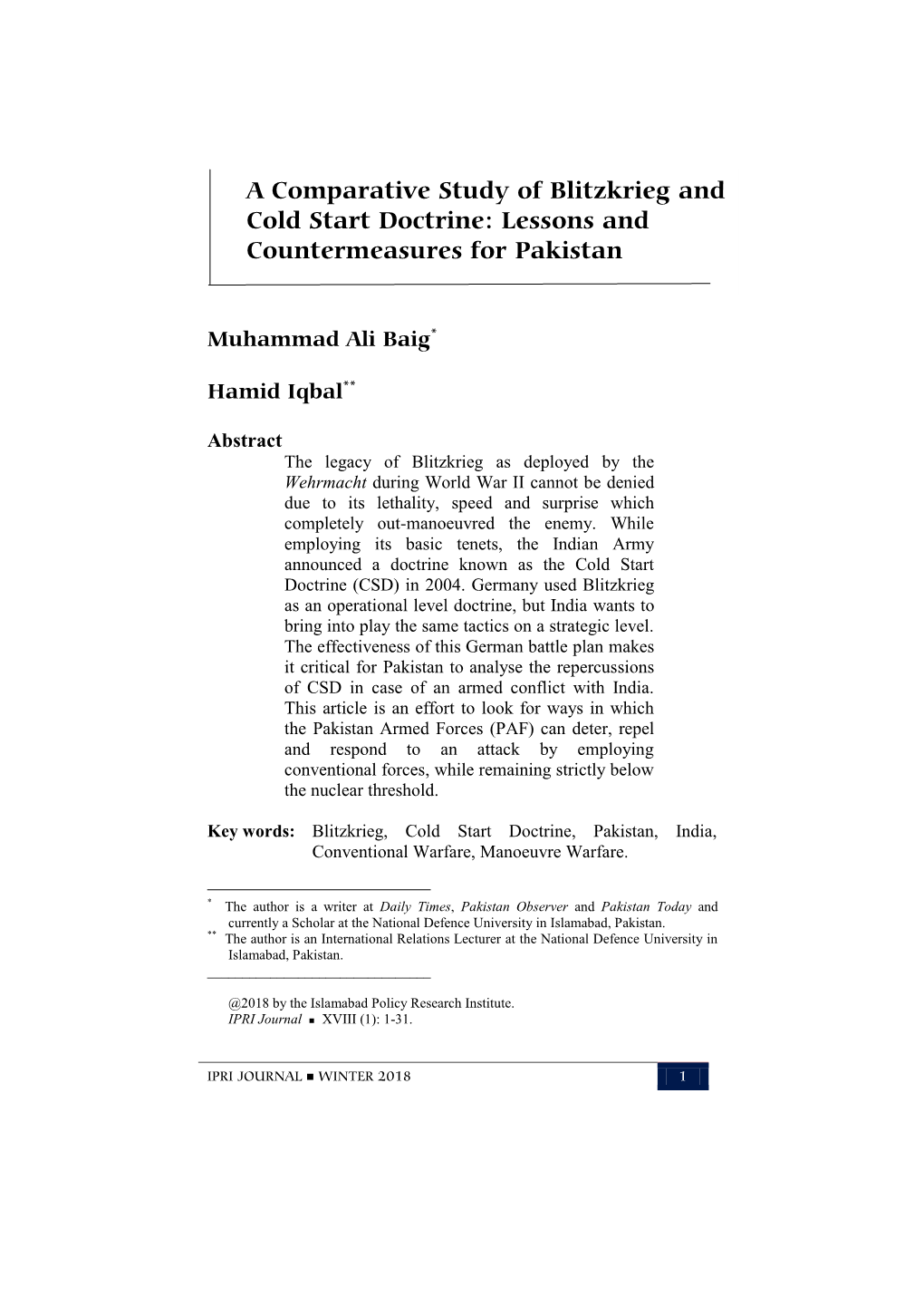 A Comparative Study of Blitzkrieg and Cold Start Doctrine: Cold Start Doctrine:Lessons and Countermeasureslessons and for Pakistan