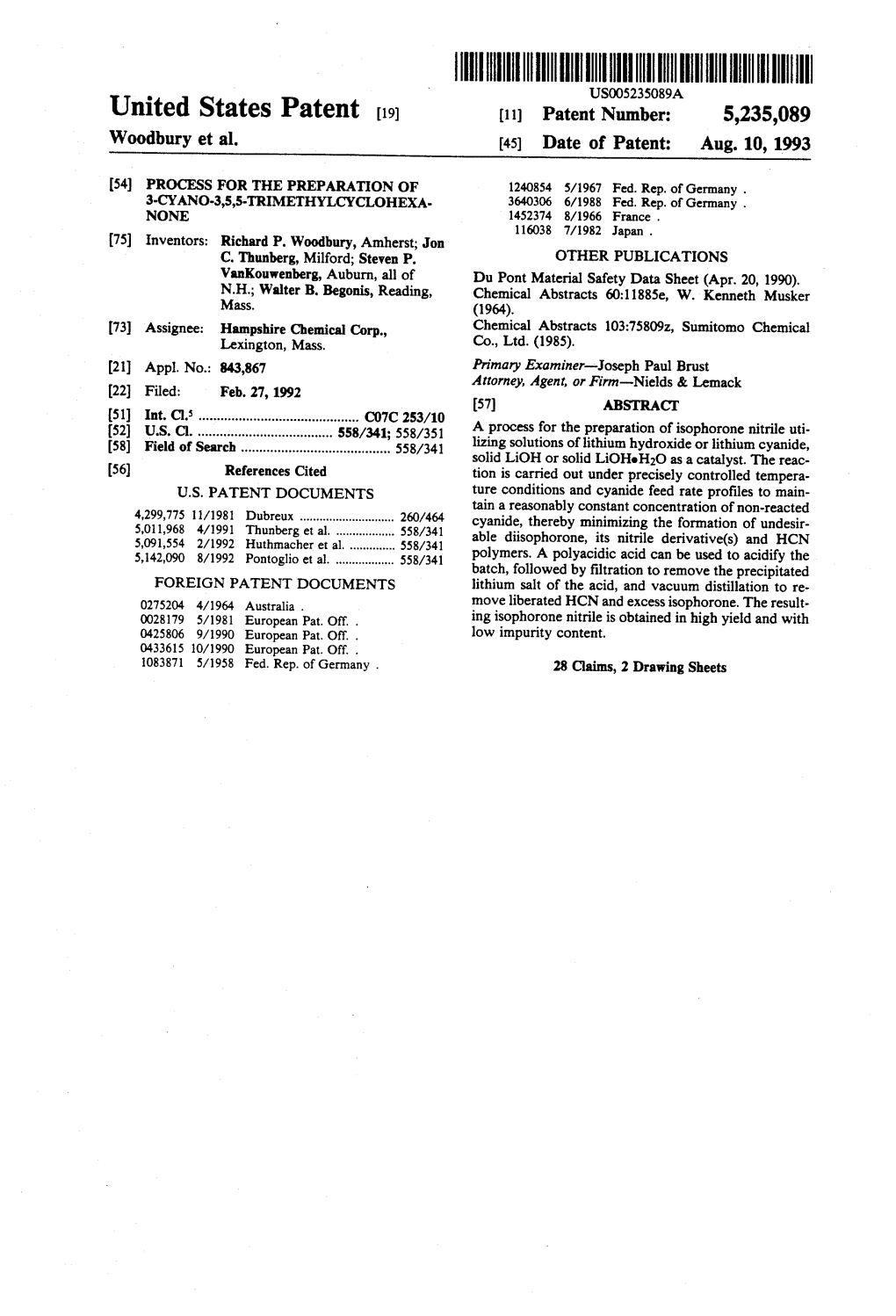 United States Patent (19) 11) Patent Number: 5,235,089 Woodbury Et Al