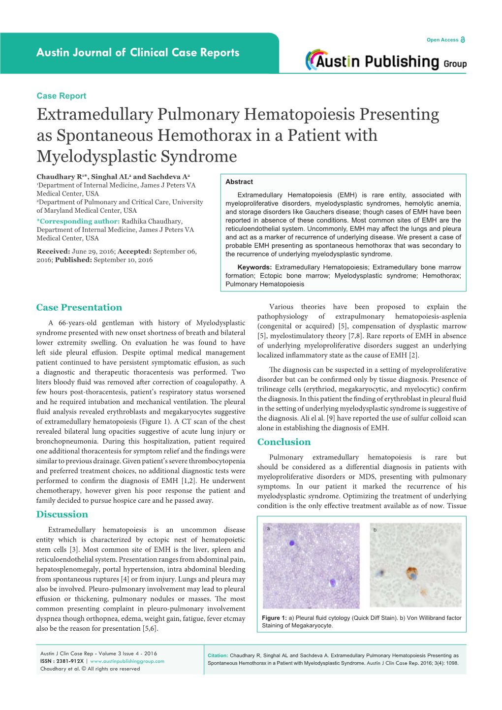 Extramedullary Pulmonary Hematopoiesis Presenting As Spontaneous Hemothorax in a Patient with Myelodysplastic Syndrome