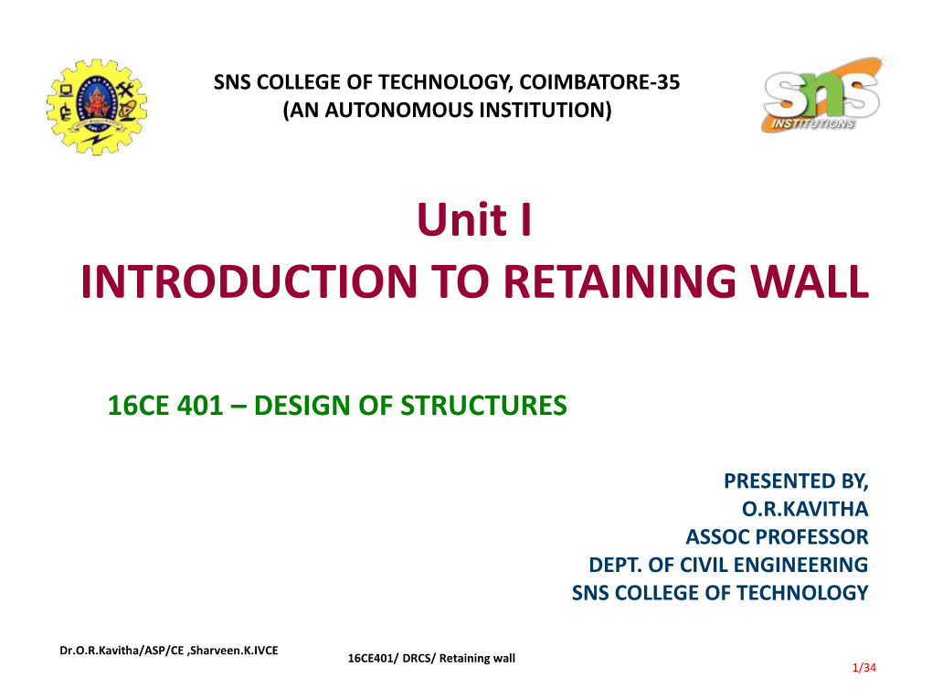 Unit I INTRODUCTION to RETAINING WALL