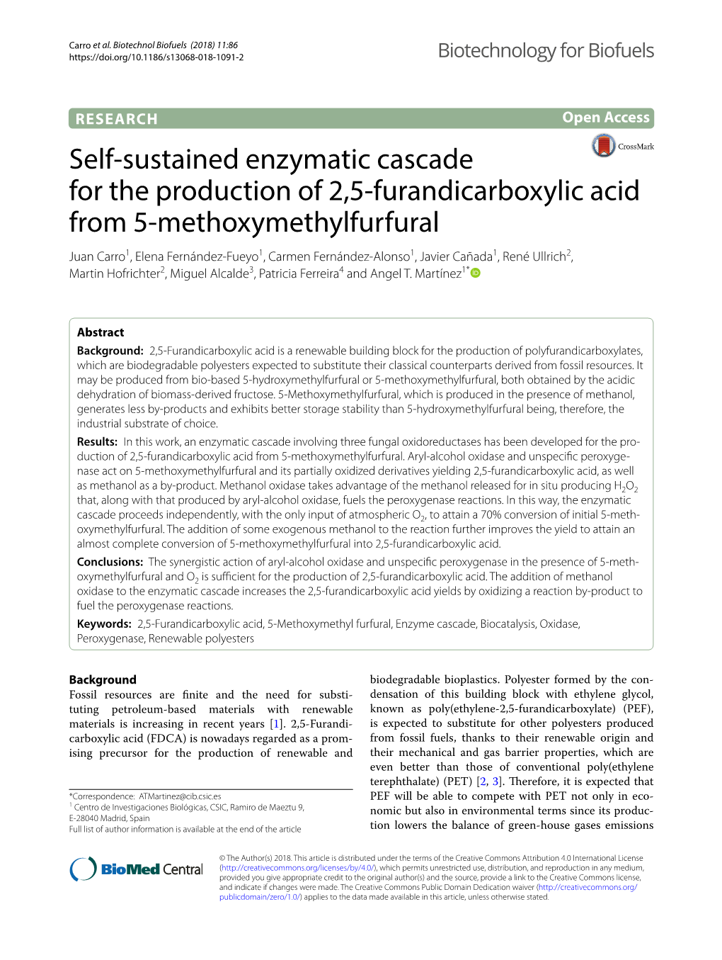 Self-Sustained Enzymatic Cascade for the Production of 2,5-Furandicarboxylic Acid from 5-Methoxymethylfurfural