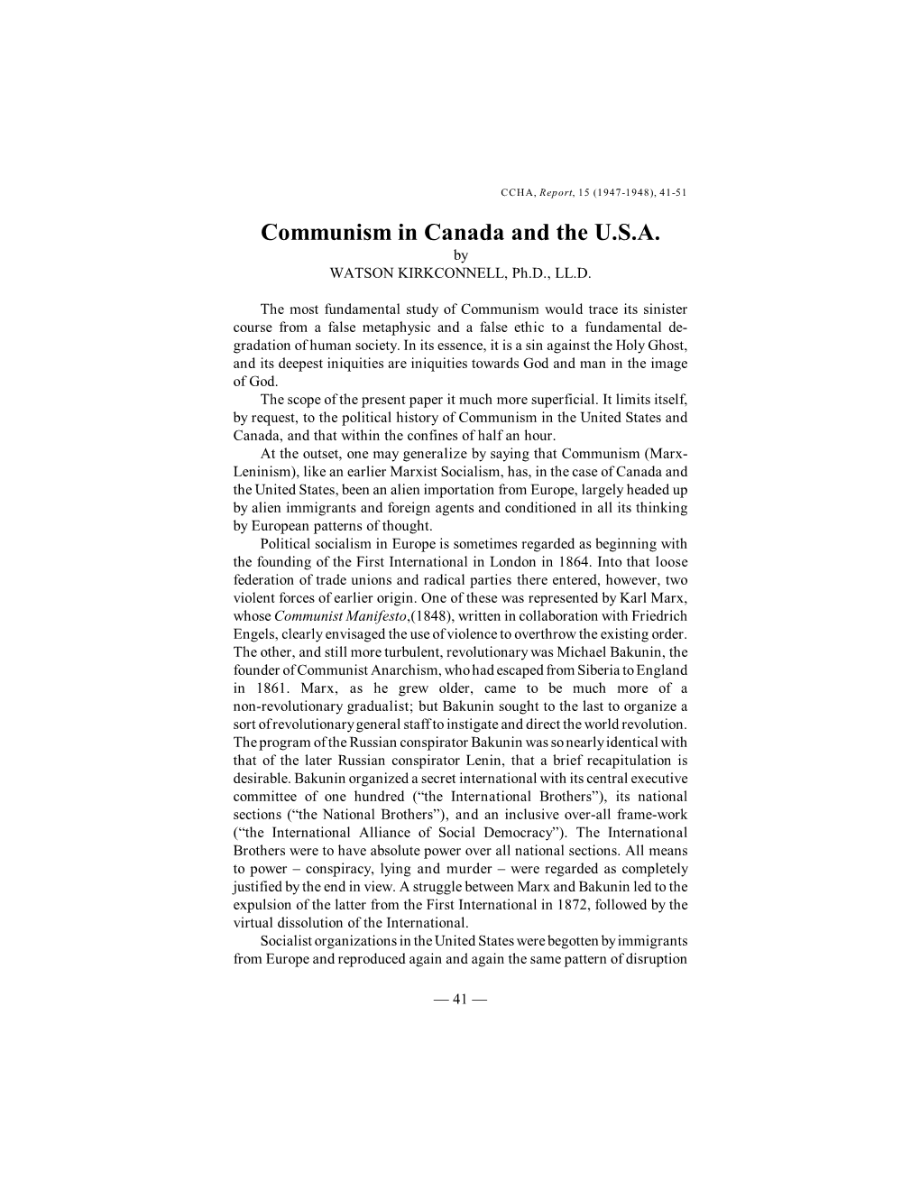 Communism in Canada and the U.S.A. by WATSON KIRKCONNELL, Ph.D., LL.D