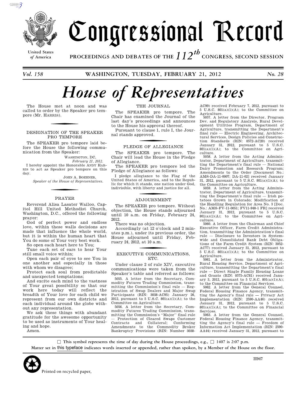 Congressional Record United States Th of America PROCEEDINGS and DEBATES of the 112 CONGRESS, SECOND SESSION