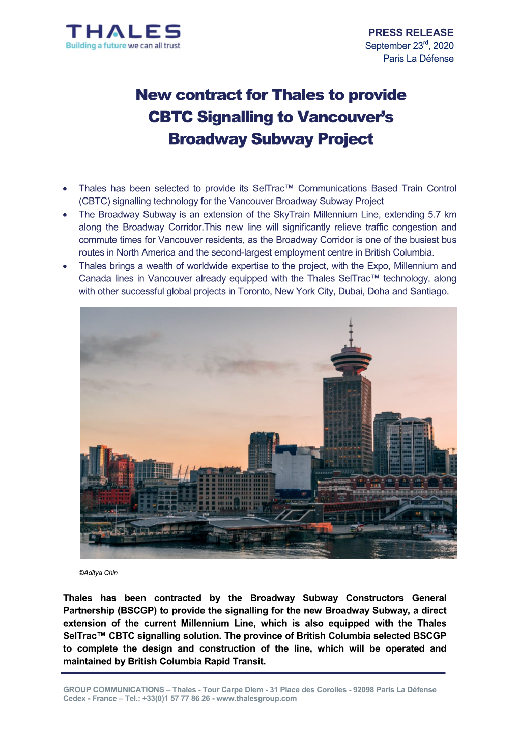 New Contract for Thales to Provide CBTC Signalling to Vancouver's