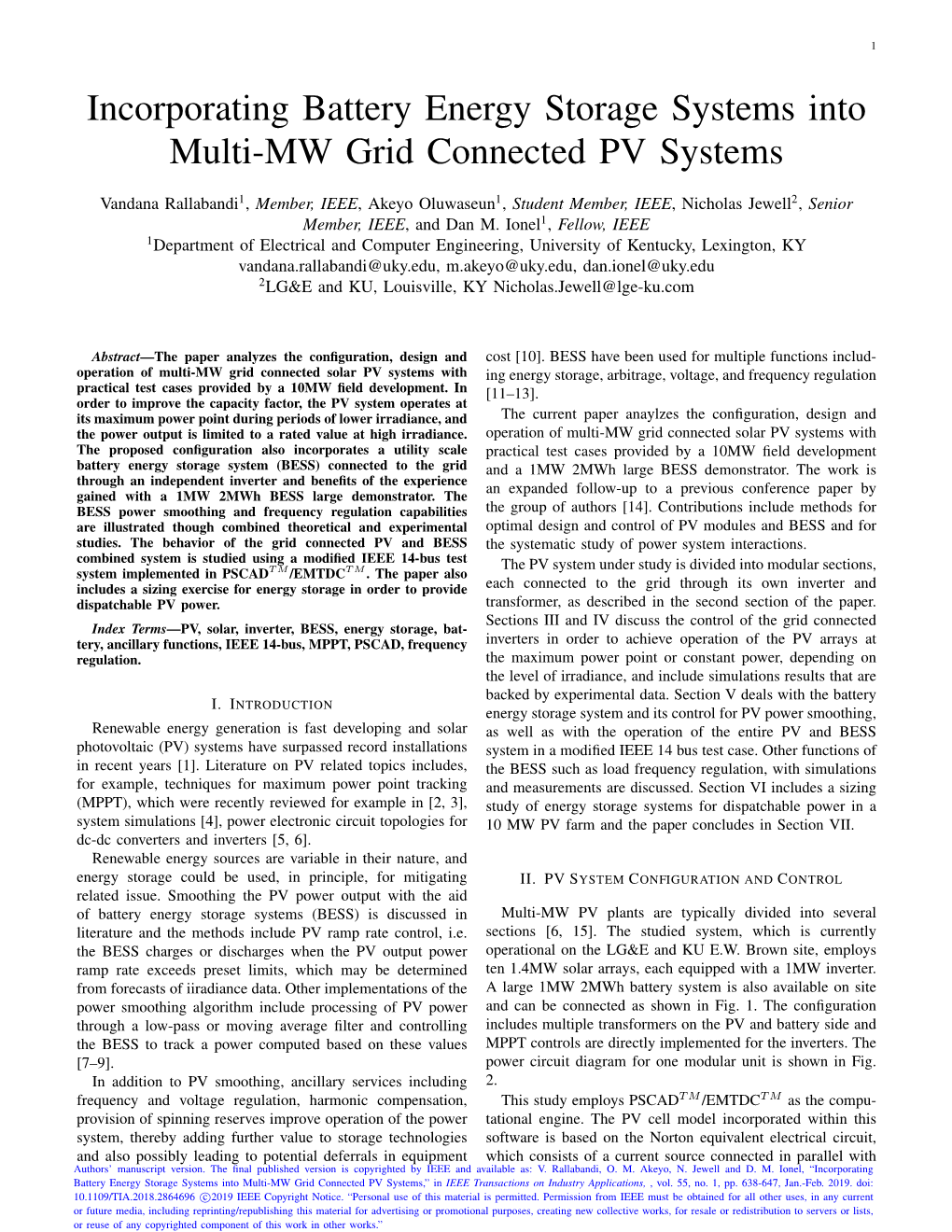 Incorporating Battery Energy Storage Systems Into Multi-MW Grid Connected PV Systems