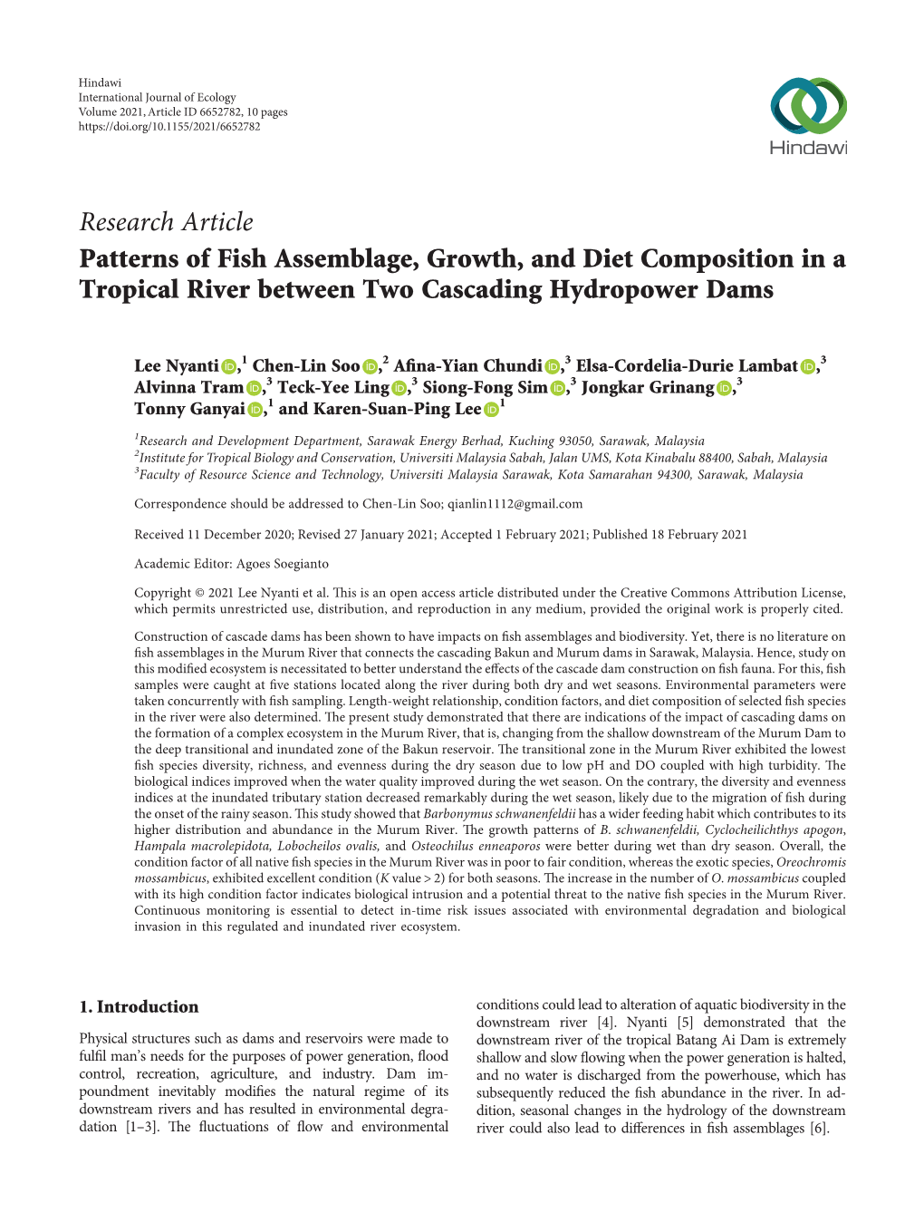 Research Article Patterns of Fish Assemblage, Growth, and Diet Composition in a Tropical River Between Two Cascading Hydropower Dams