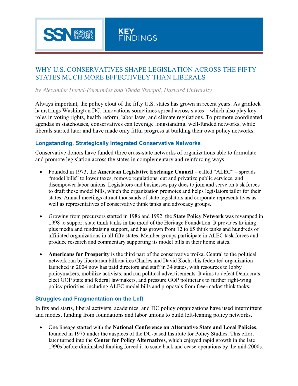 SSN Key Findings Hertel-Fernandez and Skocpol on State Policy Networks