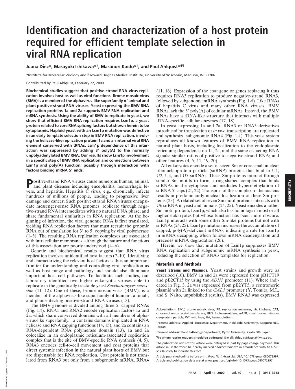 Identification and Characterization of a Host Protein Required for Efficient Template Selection in Viral RNA Replication