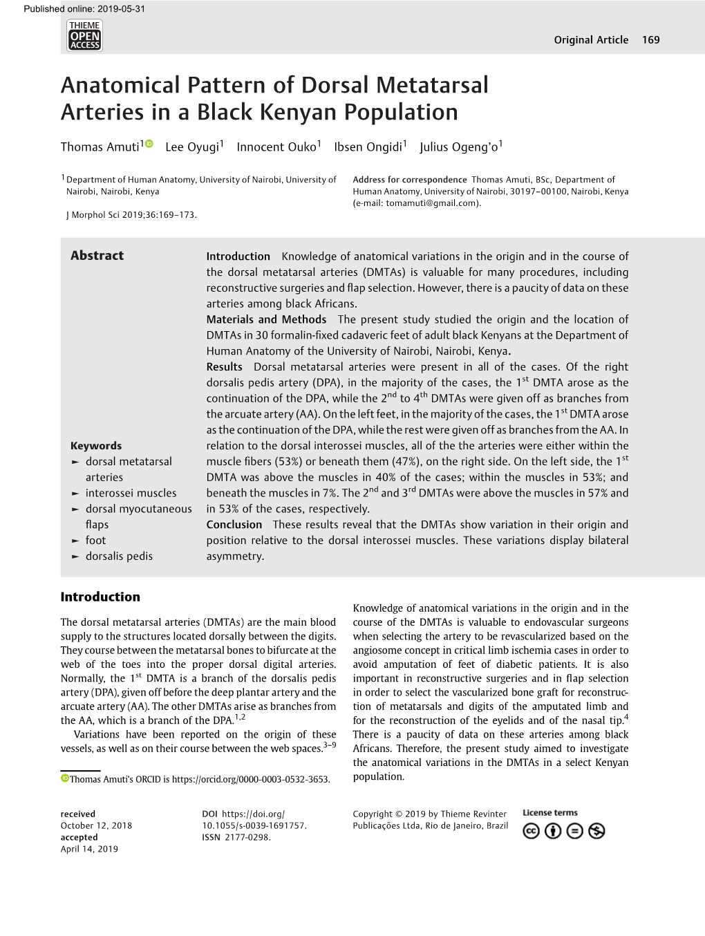 Anatomical Pattern of Dorsal Metatarsal Arteries in a Black Kenyan Population