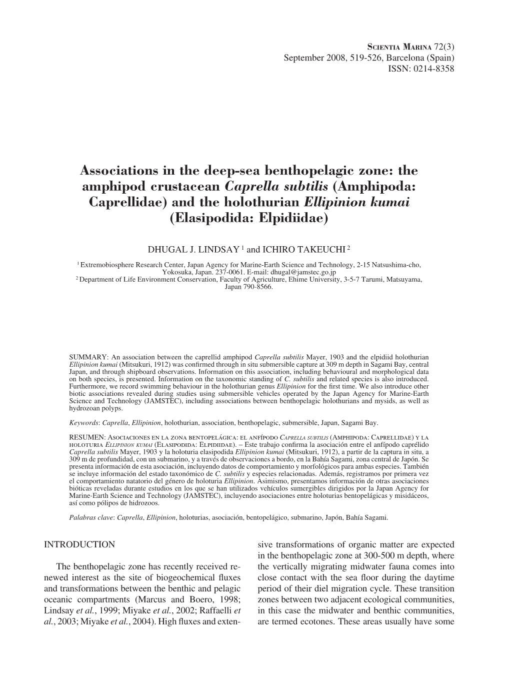 Amphipoda: Caprellidae) and the Holothurian Ellipinion Kumai (Elasipodida: Elpidiidae)