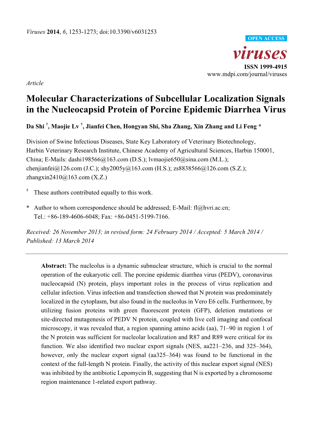 Molecular Characterizations of Subcellular Localization Signals in the Nucleocapsid Protein of Porcine Epidemic Diarrhea Virus