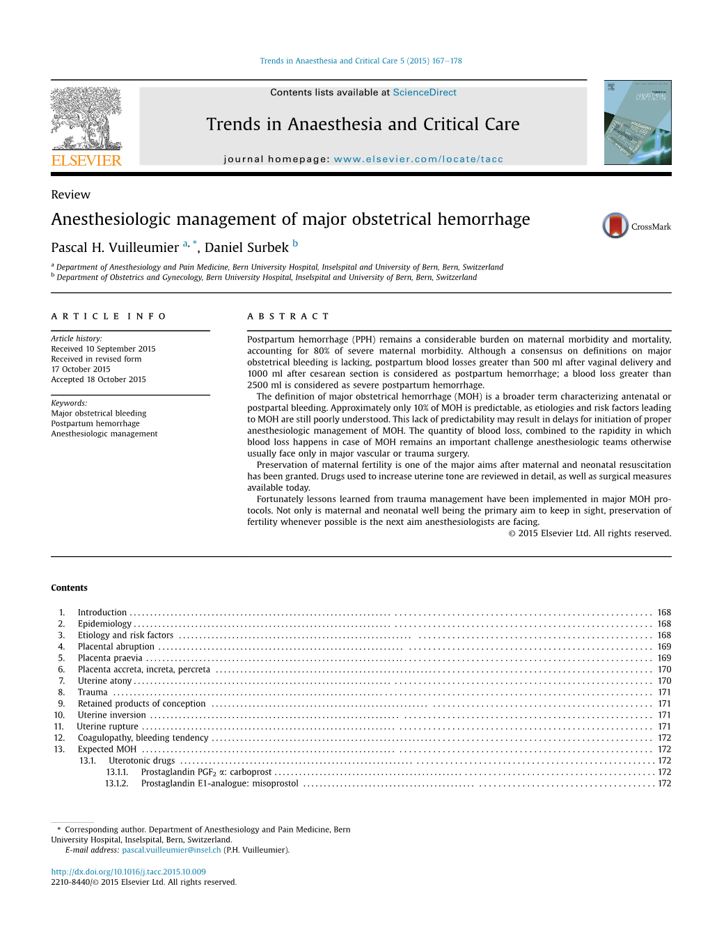 Anesthesiologic Management of Major Obstetrical Hemorrhage