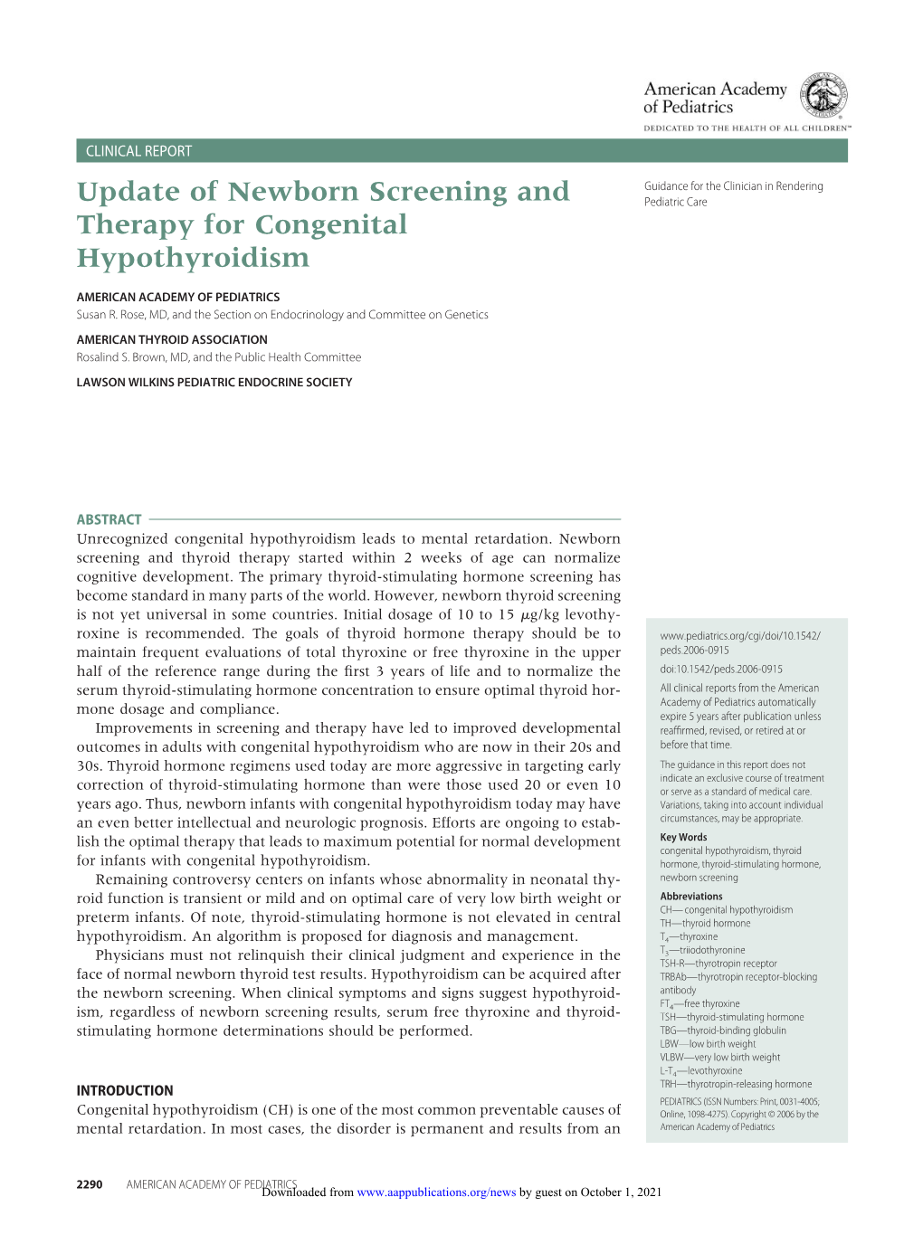 Update of Newborn Screening and Therapy for Congenital Hypothyroidism American Academy of Pediatrics, Susan R