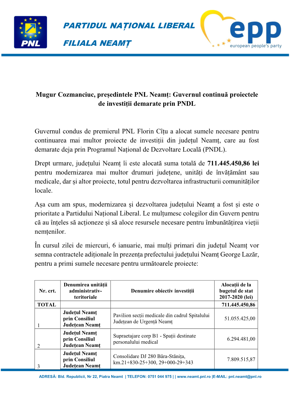 Comunicat De Presa PNL Neamț 6 Ianuarie 2020