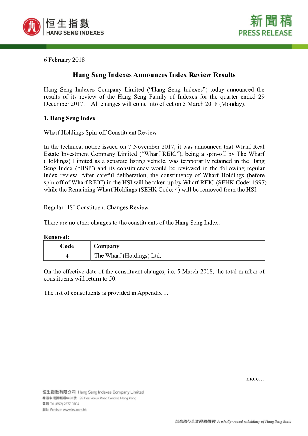 Hang Seng Indexes Announces Index Review Results