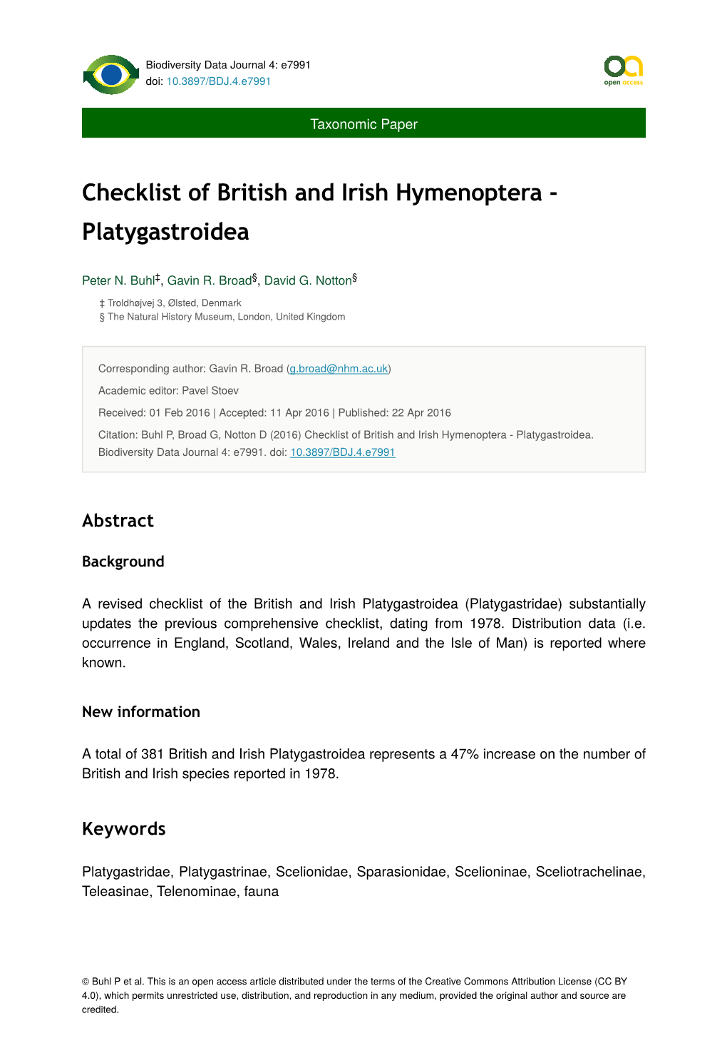 Checklist of British and Irish Hymenoptera - Platygastroidea