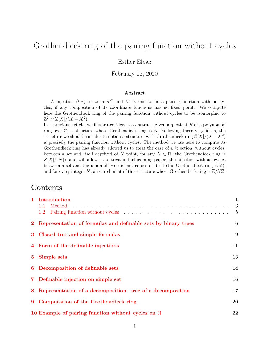 Grothendieck Ring of the Pairing Function Without Cycles