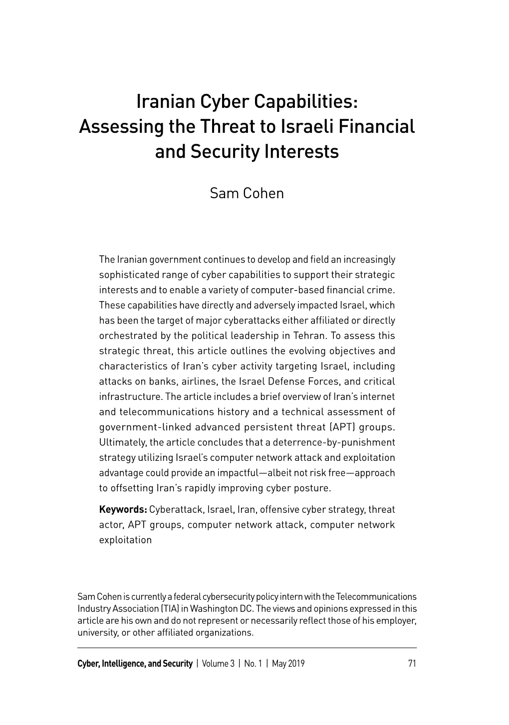 Iranian Cyber Capabilities: Assessing the Threat to Israeli Financial and Security Interests