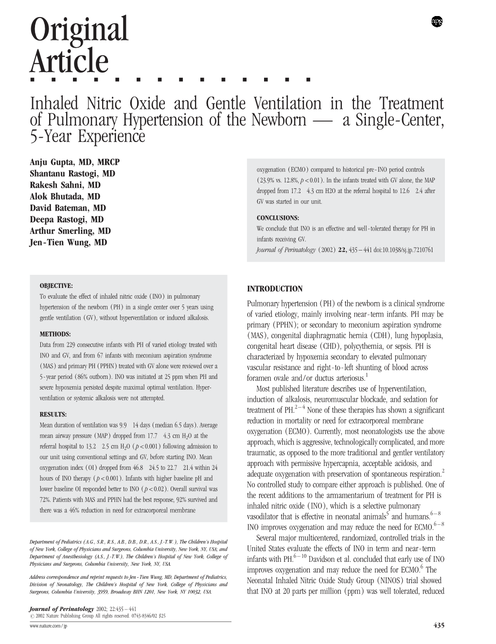 Inhaled Nitric Oxide and Gentle Ventilation in the Treatment of Pulmonary Hypertension of the Newborn—A Single-Center, 5-Year Experience