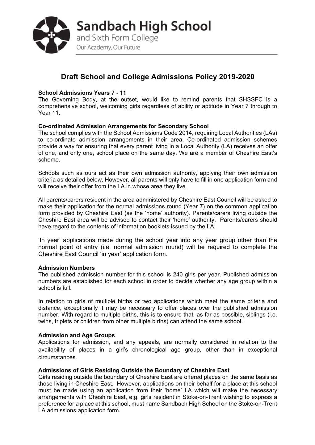 Draft School and College Admissions Policy 2019-2020