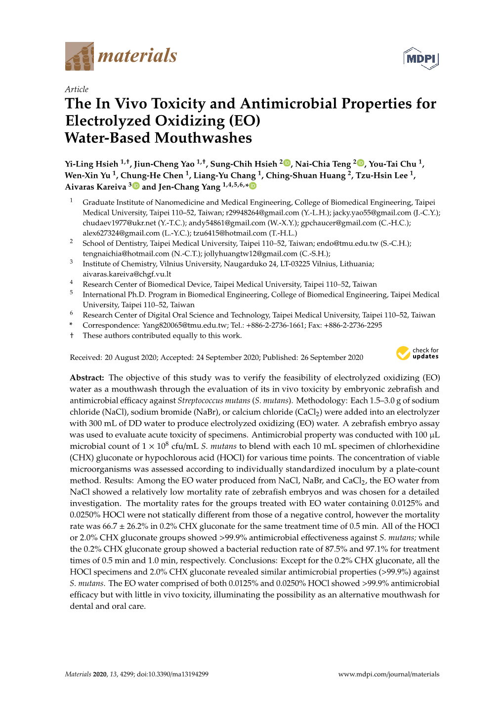 The in Vivo Toxicity and Antimicrobial Properties for Electrolyzed Oxidizing (EO) Water-Based Mouthwashes