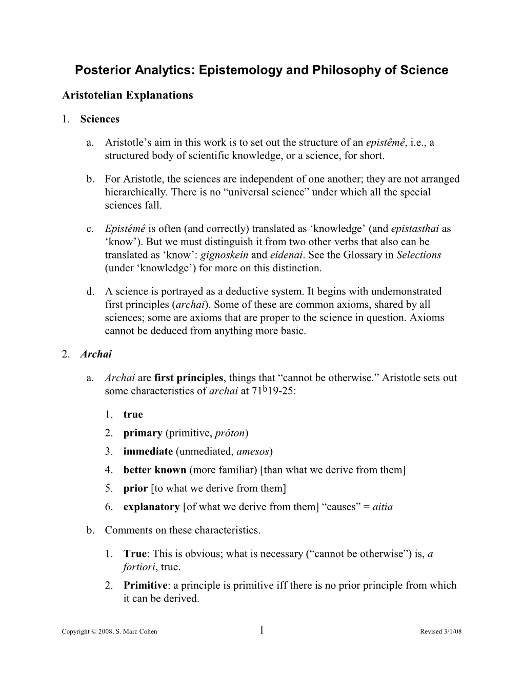 Posterior Analytics: Epistemology and Philosophy of Science