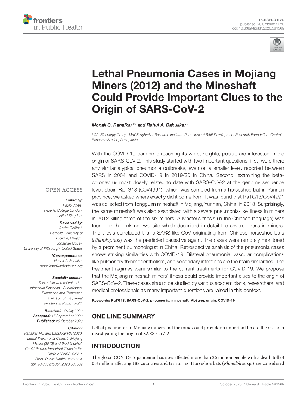 Lethal Pneumonia Cases in Mojiang Miners (2012) and the Mineshaft Could Provide Important Clues to the Origin of SARS-Cov-2