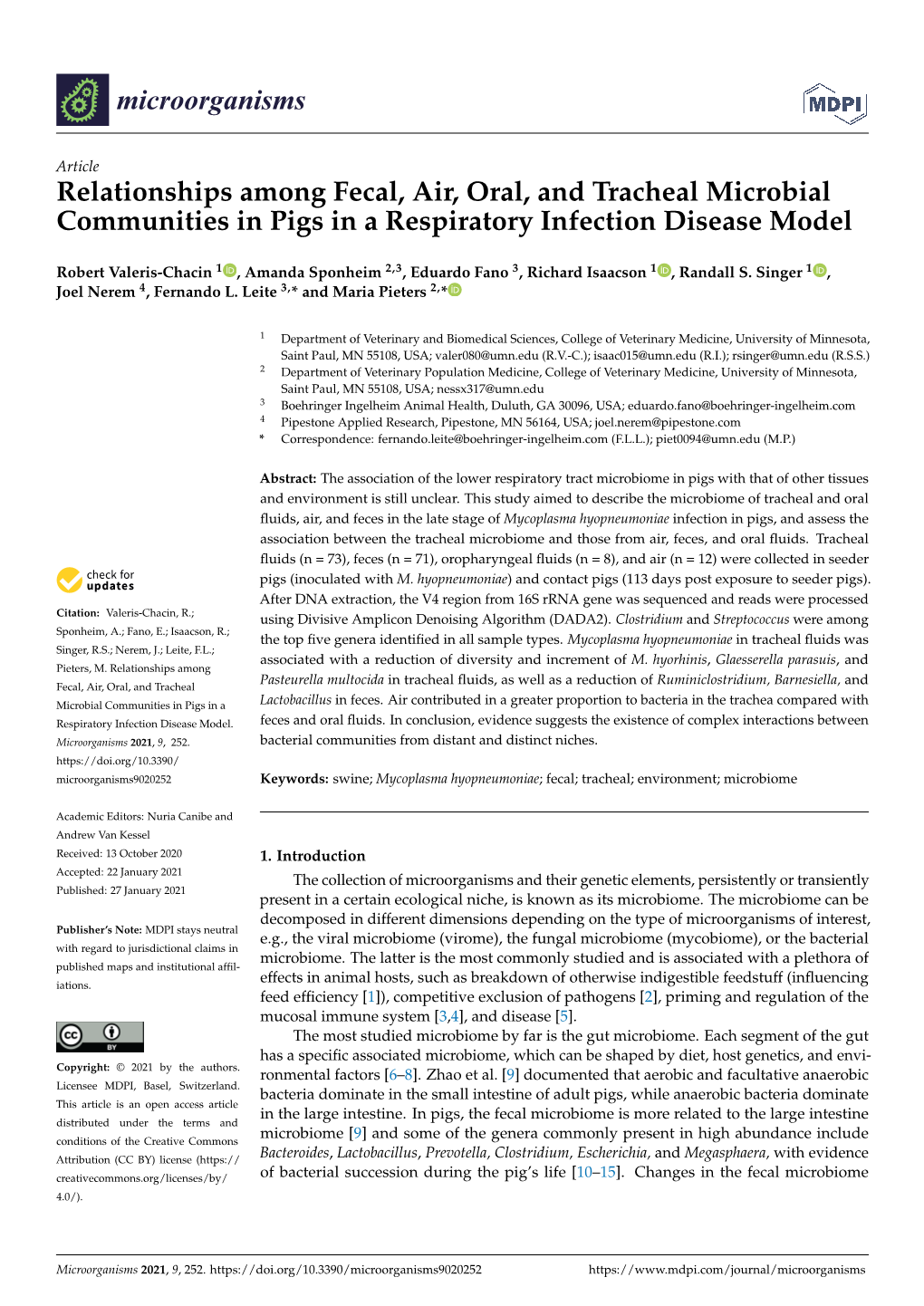 Relationships Among Fecal, Air, Oral, and Tracheal Microbial Communities in Pigs in a Respiratory Infection Disease Model