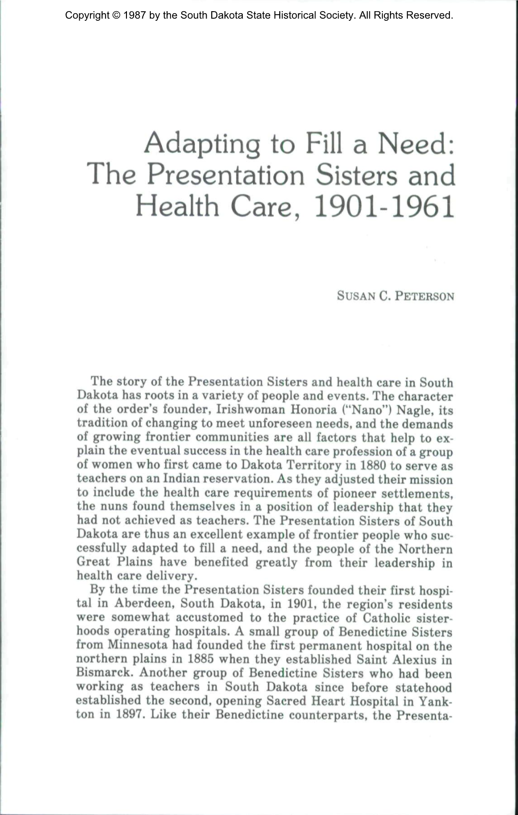 Adapting to Fill a Need: the Presentation Sisters and Health Care, 1901-1961