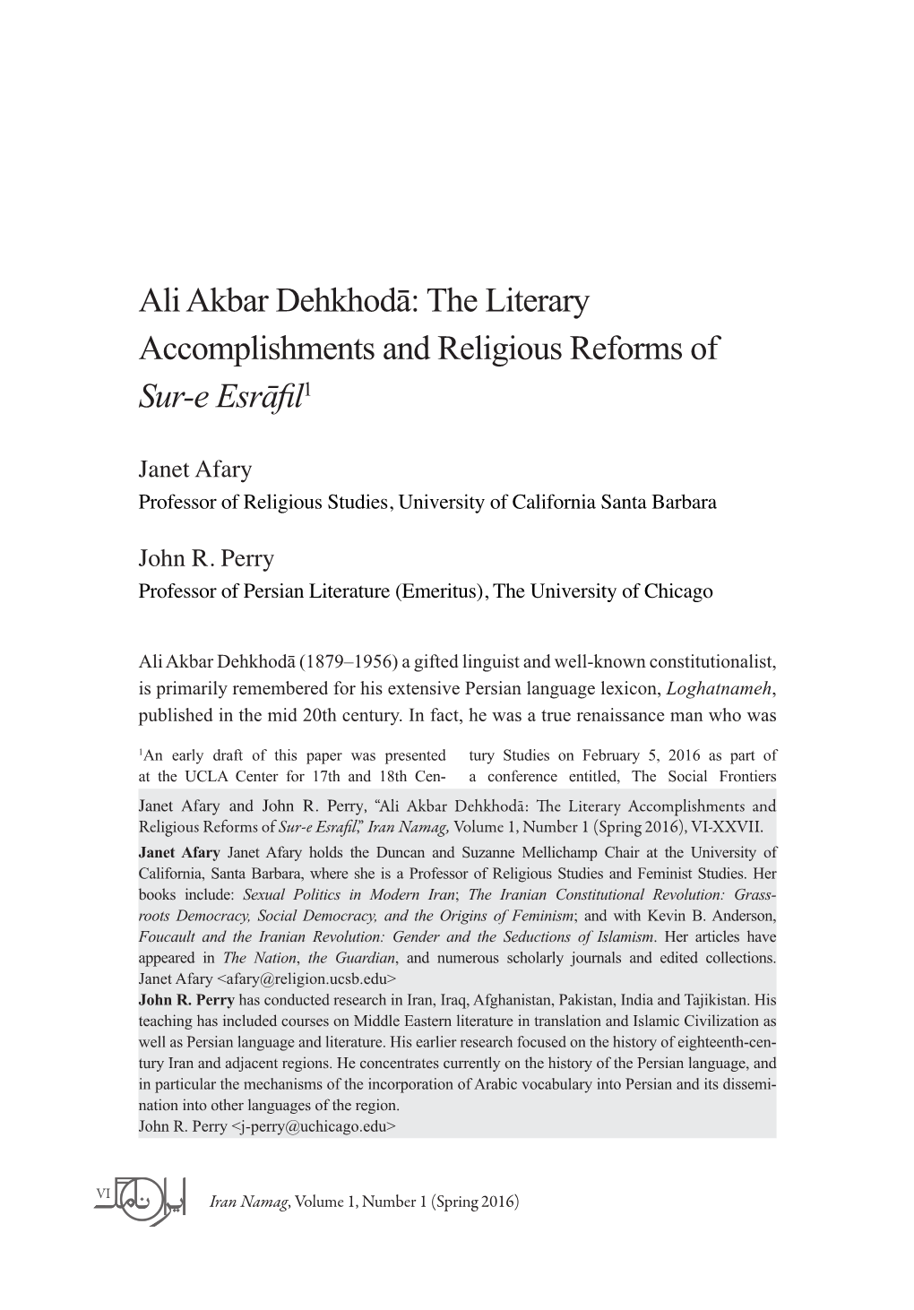 Ali Akbar Dehkhodā: the Literary Accomplishments and Religious Reforms of Sur-E Esrāfil1