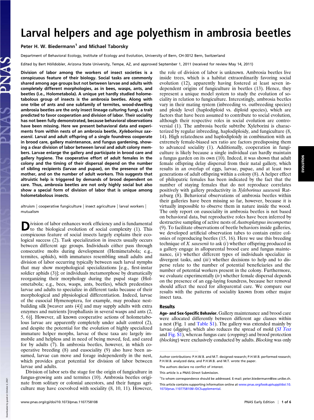 Larval Helpers and Age Polyethism in Ambrosia Beetles