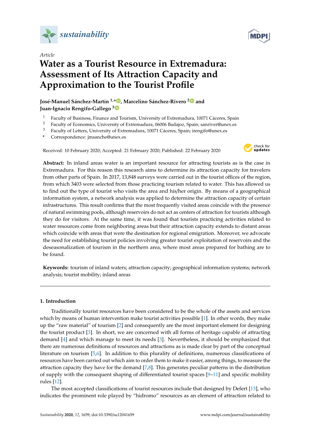 Water As a Tourist Resource in Extremadura: Assessment of Its Attraction Capacity and Approximation to the Tourist Proﬁle