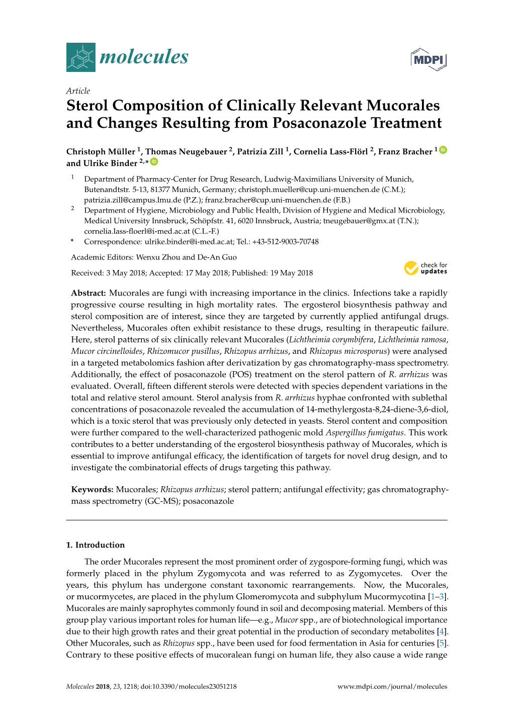 Sterol Composition of Clinically Relevant Mucorales and Changes Resulting from Posaconazole Treatment