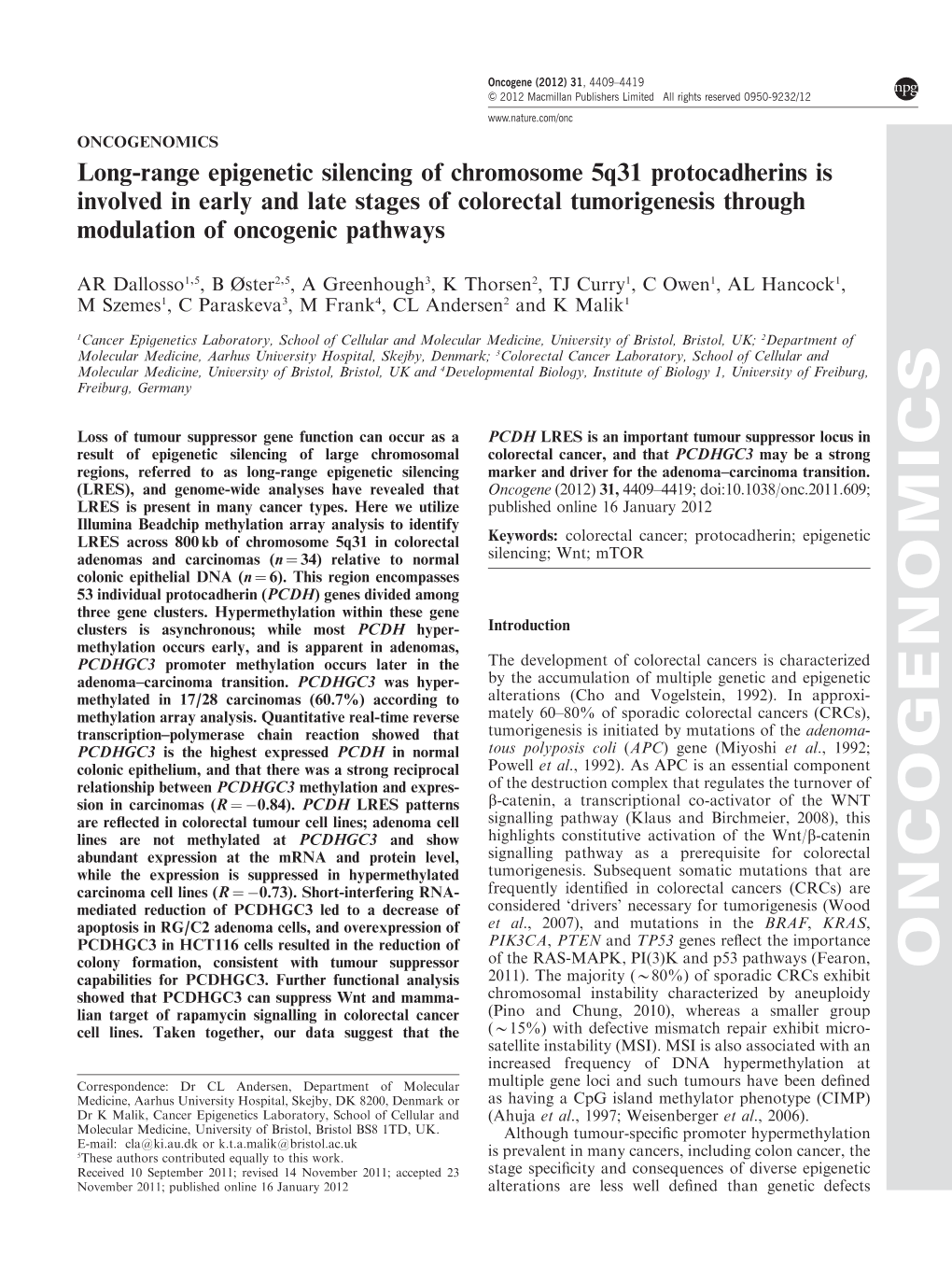 Long-Range Epigenetic Silencing of Chromosome 5Q31 Protocadherins