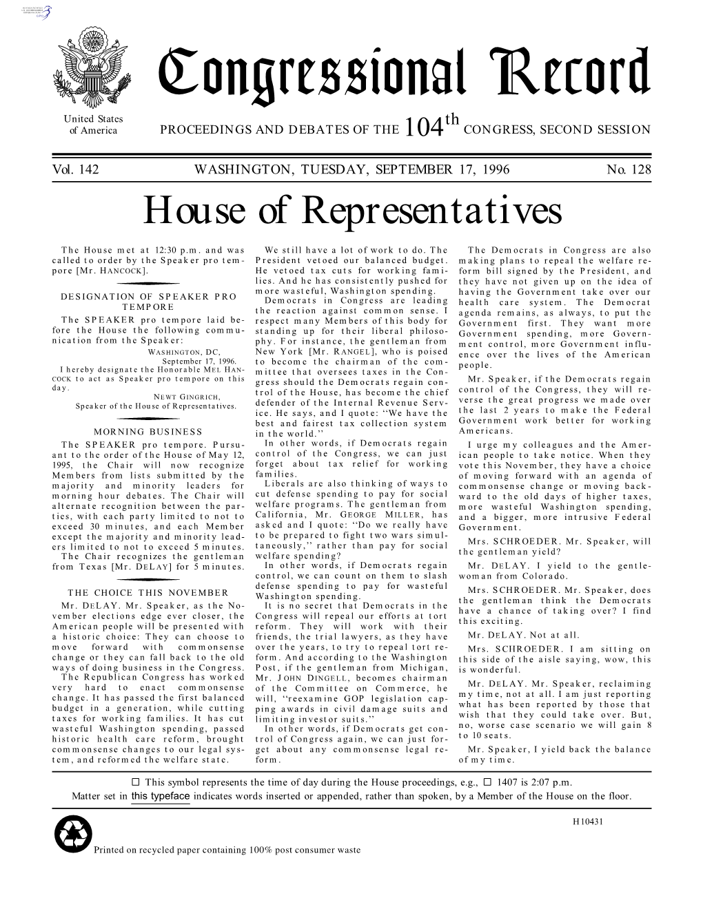 Congressional Record United States Th of America PROCEEDINGS and DEBATES of the 104 CONGRESS, SECOND SESSION