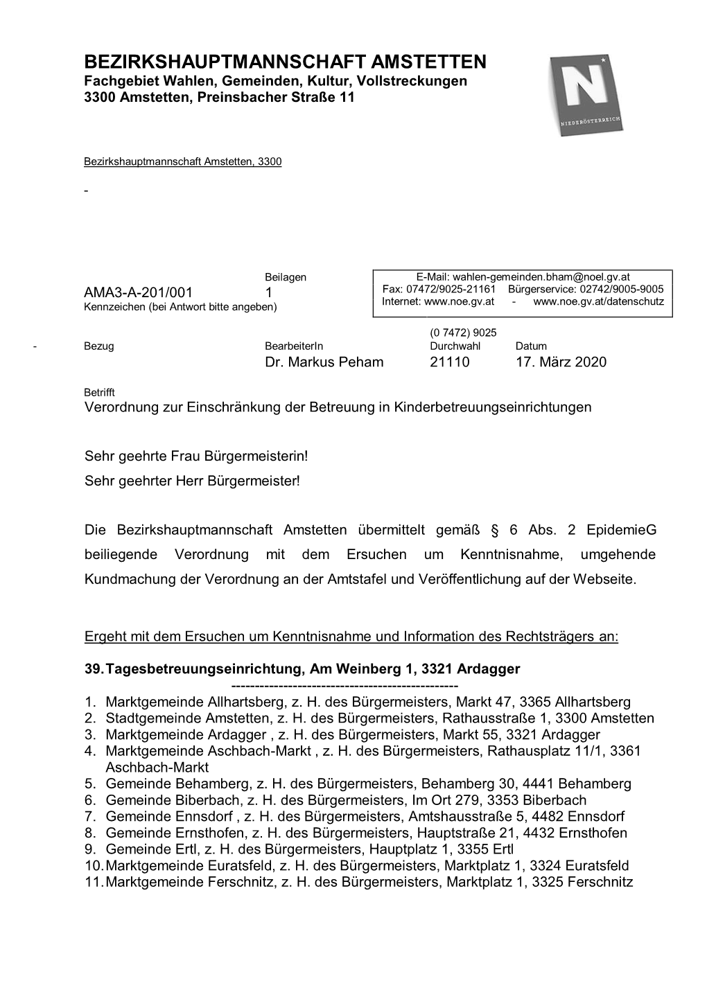 BEZIRKSHAUPTMANNSCHAFT AMSTETTEN Fachgebiet Wahlen, Gemeinden, Kultur, Vollstreckungen 3300 Amstetten, Preinsbacher Straße 11