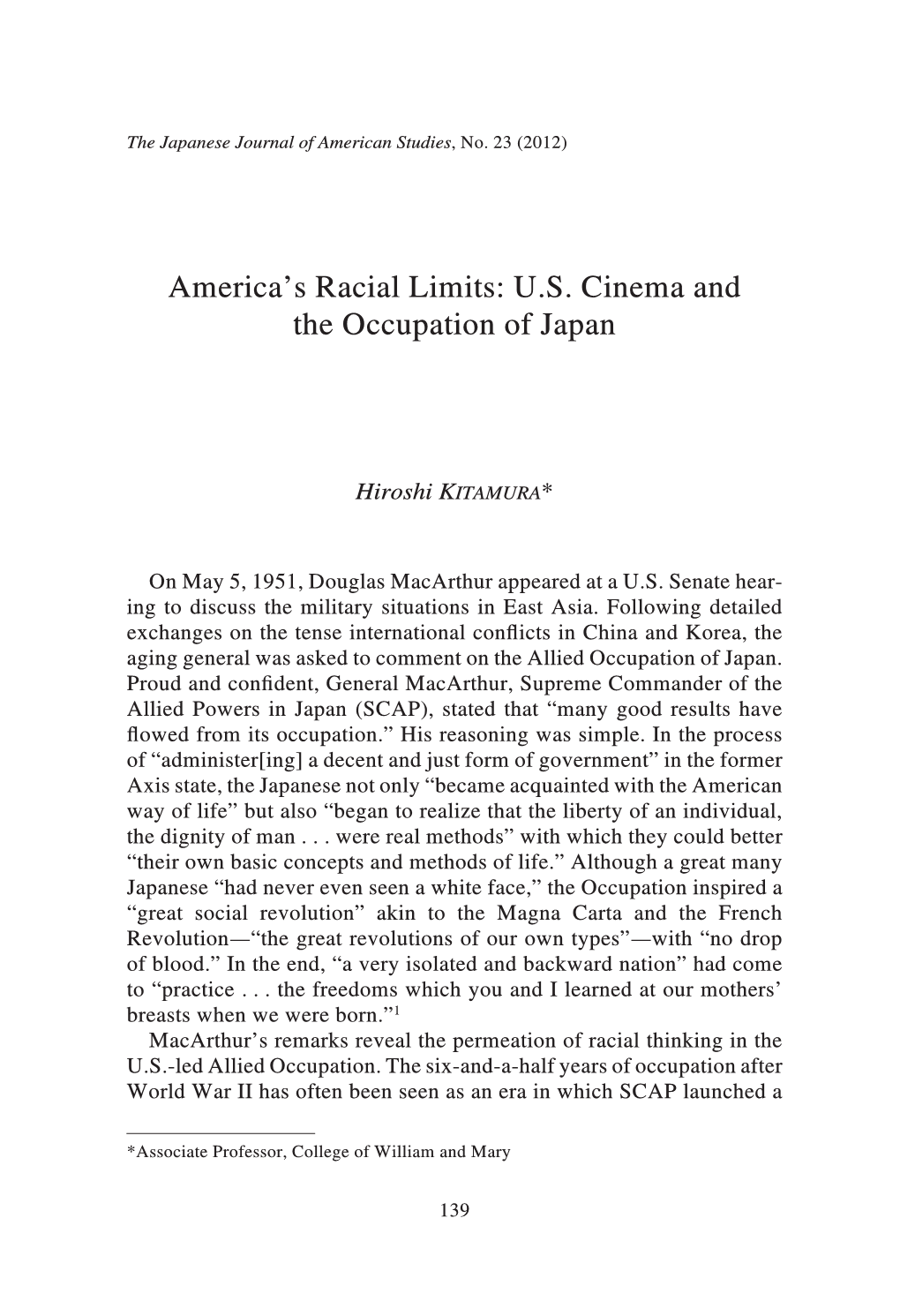 America's Racial Limits: U.S. Cinema and the Occupation of Japan