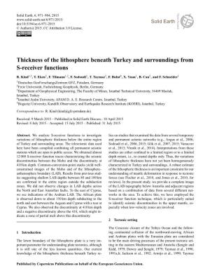 Thickness of the Lithosphere Beneath Turkey and Surroundings from S-Receiver Functions