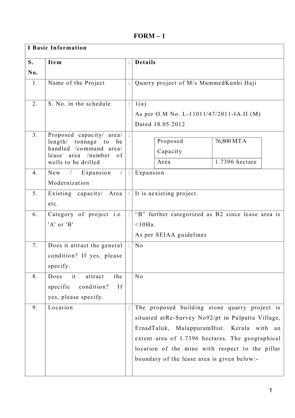 FORM – 1 I Basic Information