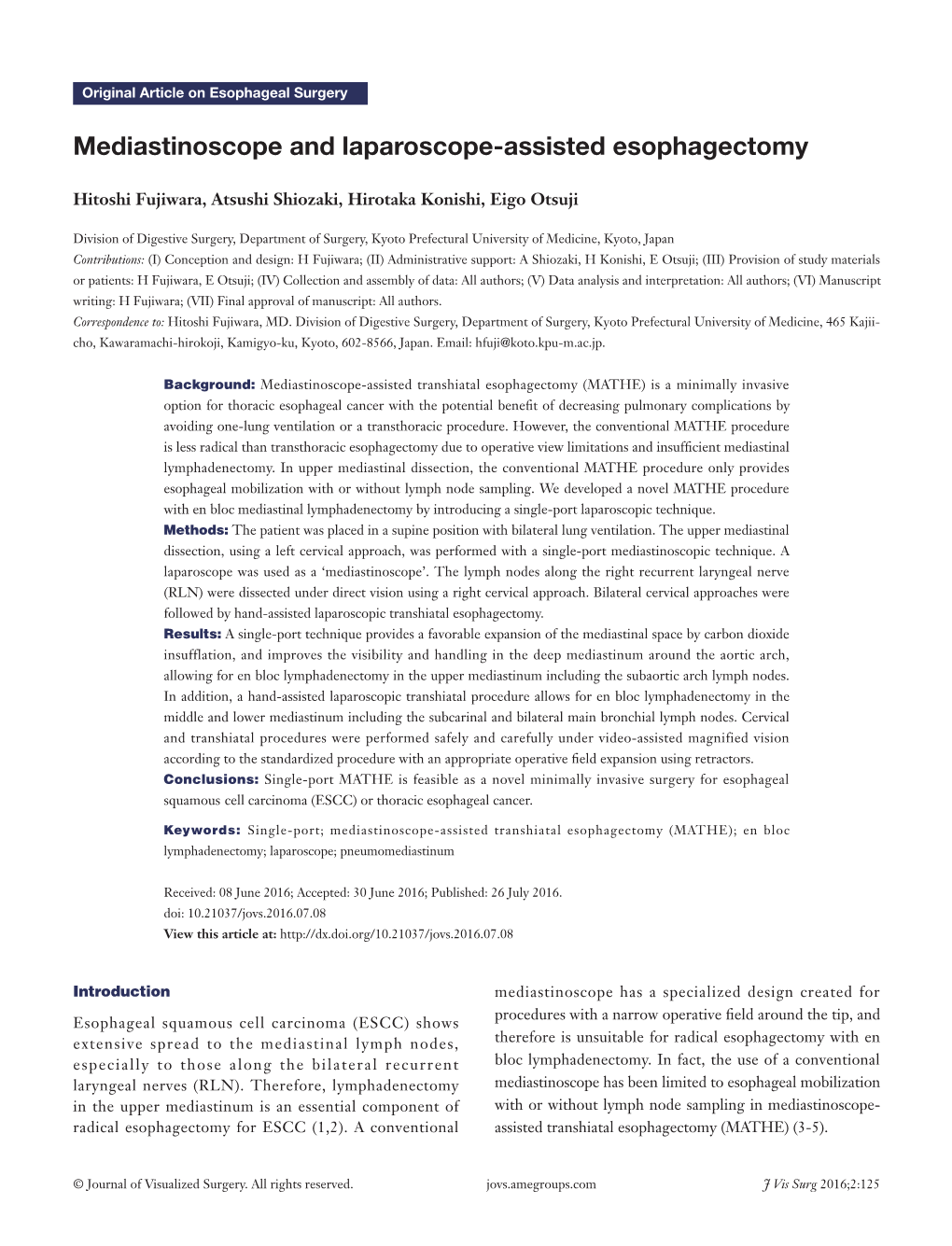 Mediastinoscope and Laparoscope-Assisted Esophagectomy