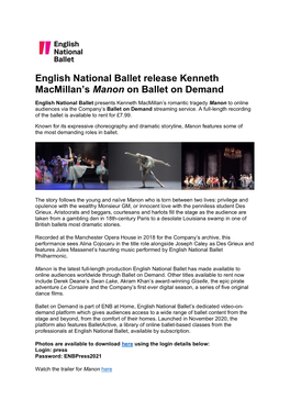 English National Ballet Release Kenneth Macmillan's Manon On