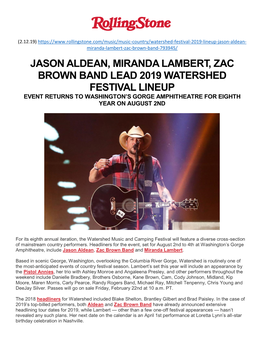 Jason Aldean, Miranda Lambert, Zac Brown Band Lead 2019 Watershed Festival Lineup Event Returns to Washington’S Gorge Amphitheatre for Eighth Year on August 2Nd