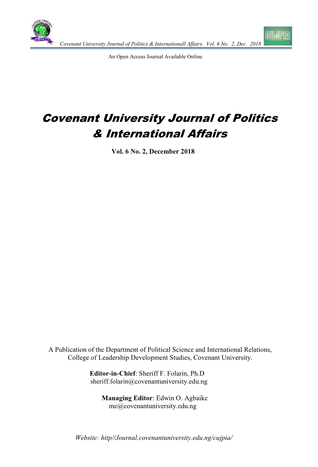 Covenant University Journal of Politics & International Affairs