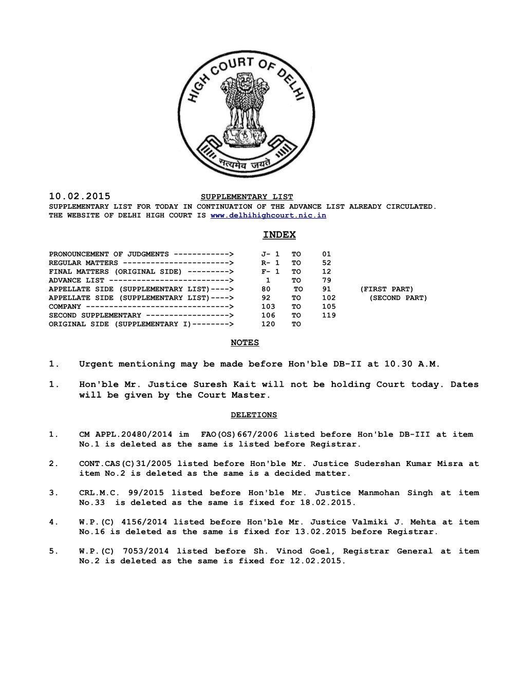 NOTES 1. Urgent Mentioning May Be Made Before Hon'ble DB-II at 10.30 A.M. 1. Hon'ble Mr. Justice Suresh Kait Will Not Be Holding