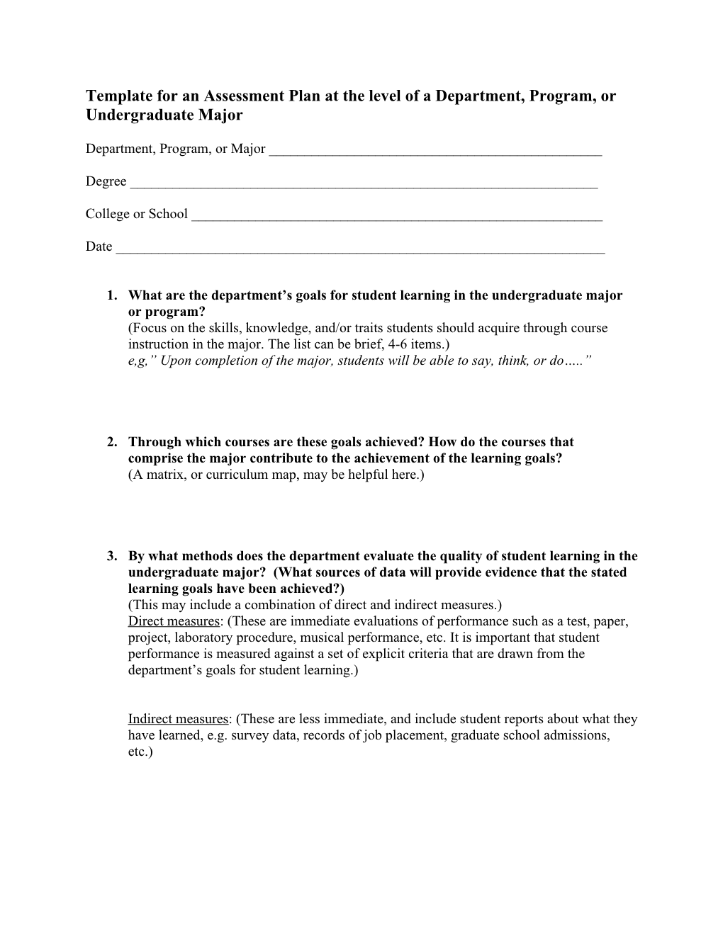 Template for an Assessment Plan at the Level of a Department, Program, Or Undergraduate Major