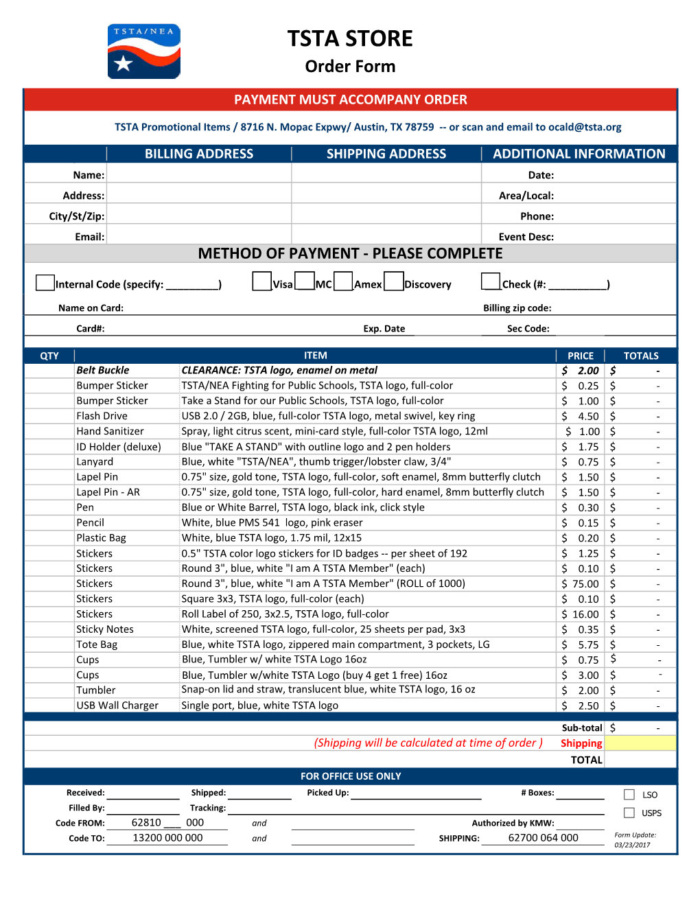 TSTA STORE Order Form