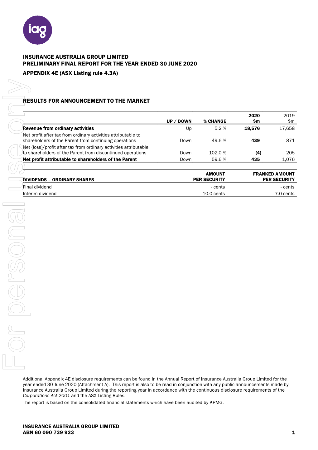 2020 APPENDIX 4E (ASX Listing Rule 4.3A)